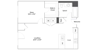 Modern floor plan highlighting a spacious 1-bedroom layout with a large living/dining area, stylish kitchen, and walk-in closet.
