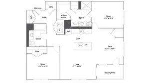 Elegant floor plan featuring 2 bedrooms, a modern kitchen with an island, expansive living area, and a private balcony.