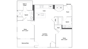 Modern apartment floor plan featuring 2 spacious bedrooms, open living/dining area, sleek kitchen, and private balcony for stylish living.