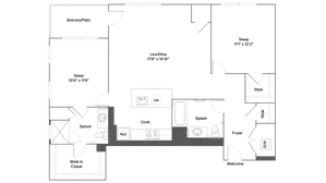 Modern 2-bedroom floor plan with spacious living and dining area, stylish kitchen, and private balcony.