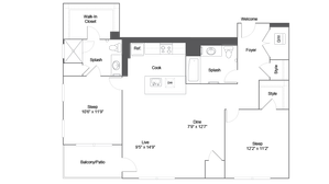 Contemporary floor plan with 2 spacious bedrooms, stylish open living and dining areas, modern kitchen, and a large balcony.