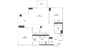 Modern apartment floor plan with 2 spacious bedrooms, open-concept living and dining area, stylish kitchen, and convenient laundry area.