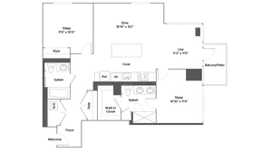 Modern floor plan showcasing 2 bedrooms, spacious living and dining areas, stylish kitchen, and balcony access.