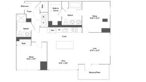 Modern floor plan featuring 2 bedrooms, spacious living area, open kitchen, 2 stylish bathrooms, and a private balcony for relaxation.
