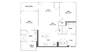 Elegant apartment floor plan with 2 bedrooms, open living and dining area, stylish kitchen, and private balcony patio.