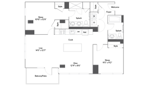Elegant floor plan showcasing 2 spacious bedrooms, a modern kitchen with dining area, and a cozy living room leading to a private balcony.