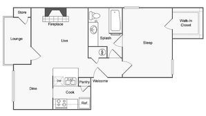 1 BR x 1 BA with W/D - B Floorplan
