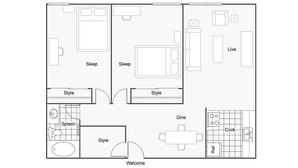 Modern 2D floor plan showcasing two bedrooms, a cozy living area, and a functional kitchen with versatile spaces.