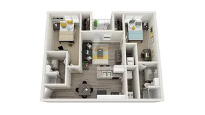 Modern 3D floor plan showcasing two bedrooms, a cozy living room, and a stylish kitchen with dining area.