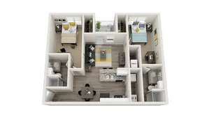 3D floor plan of a modern apartment featuring 2 bedrooms, an open-concept living space, dining area, and two bathrooms.