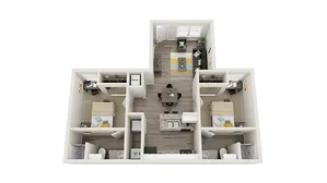 Chic 3D floor plan depicting two spacious bedrooms, an open living area, and a modern kitchen.