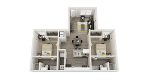 Contemporary 3D floor plan showcasing two bedrooms, open living area, and modern kitchen.