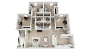 Elegant 3D floor plan showcasing 3 bedrooms, modern kitchen with island, open dining and living area, home office, and private balcony.
