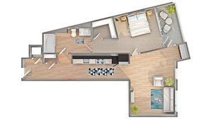 Contemporary 2D floor plan showcasing a stylish one-bedroom apartment with a spacious living area, modern kitchen, and a full bathroom.