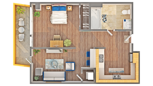 Inviting floor plan showcasing a cozy bedroom, modern kitchen, and stylish living area with a charming outdoor balcony.