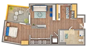 Charming floor plan showcasing 1 bedroom, stylish open kitchen, cozy living room, and private patio area.