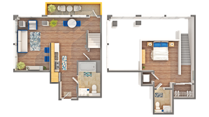 Modern 2-story floor plan showcasing an open-concept living room, sleek kitchen with breakfast bar, and cozy bedroom with en-suite bathroom.