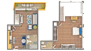 Elegant two-story floor plan featuring a spacious living area, modern kitchen, cozy bedroom, and charming balcony with outdoor seating.