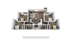 Modern 3D floor plan showcasing three spacious bedrooms, an inviting living area, and contemporary kitchen with hardwood flooring.