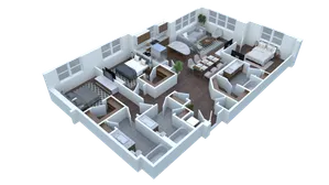 Modern 3D floor plan showcasing a spacious 2-bedroom apartment with a luxurious open-plan living area, elegant dining space, and a stylish kitchen.