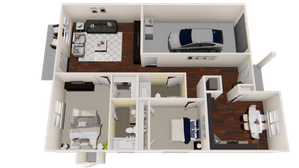 Modern 3D floor plan showcasing a cozy apartment with two bedrooms, a spacious living room, integrated kitchen, and a single-car garage, featuring elegant wood flooring and stylish decor.