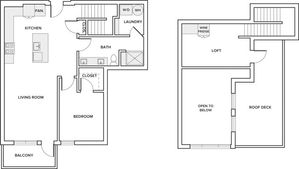 1037 to 1044 square foot one bedroom one bath loft apartment floorplan image