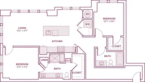 1134 square foot two bedroom two bath apartment floor plan in Houston, TX