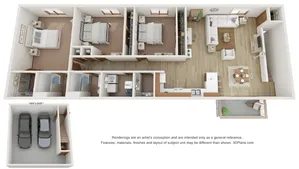 Modern 3D floor plan showcasing a spacious three-bedroom layout with a stylish open-concept living area, chic kitchen, dedicated laundry space, and a double-car garage. Perfect blend of comfort and functionality.