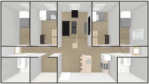3D floor plan depicting a modern apartment with three bedrooms, an open-concept living and dining area, and a well-equipped kitchen.