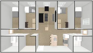 3D floor plan with 4 bedrooms, a central living area, and an open kitchen layout.
