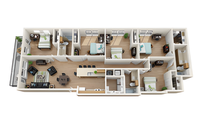 Elegant and spacious floor plan with 5 bedrooms, a sleek open-concept kitchen and dining area, and a cozy living room, perfect for modern family living.