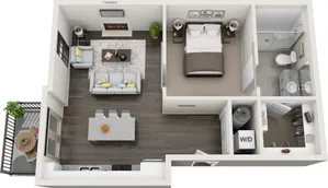 Modern floor plan featuring a cozy bedroom, sleek bathroom, open-concept living area with fireplace, stylish kitchen, and private balcony.