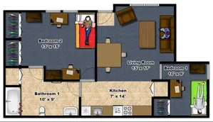 2 bedroom, 1 bathroom
