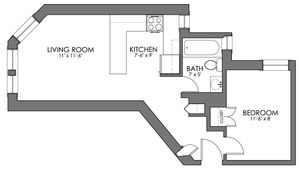 Charming floor plan featuring one-bedroom, open living room, efficient kitchen, and modern bath.