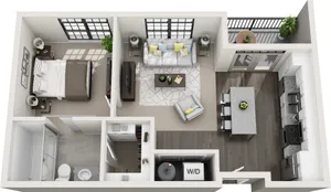 Modern 3D floor plan showcasing a spacious one-bedroom apartment with an open-concept living and kitchen area, sleek bathroom, and cozy balcony.