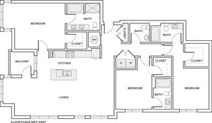 1807 square foot three bedroom three and half bath apartment floorplan image