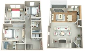 3D floor plan showcasing three-bedroom duplex with open living and dining areas and modern kitchen.