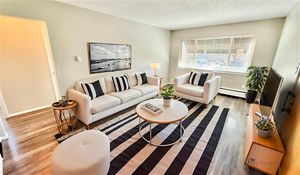 Bright living room featuring modern white sofas, striped rug, and large window with natural light.