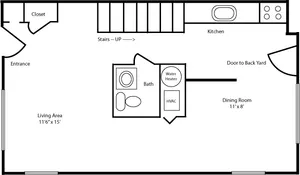 Open-floor apartment plan featuring spacious living area with stairs to upper level.