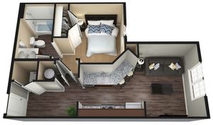 Modern 3D floor plan showcasing a cozy one-bedroom apartment with open kitchen, sleek bathroom, and inviting living area.