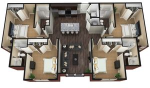 Elegant 3D floor plan featuring 3 bedrooms, spacious living area, modern open kitchen with island, and cozy bathrooms.