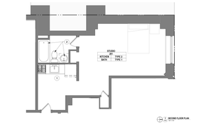 Contemporary studio apartment floor plan with efficient layout, featuring a kitchen and bathroom, ideal for modern living.