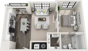 Chic 3D floor plan showcasing a modern 1-bedroom apartment with an open kitchen, cozy living room with fireplace, and stylish bathroom. Includes in-unit washer and dryer.