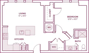 726 square foot one bedroom one bath apartment floor plan in Houston, TX