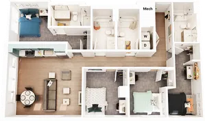 Rendering of a four bedroom floor plan at our student apartments near the University of Maryland, featuring 3D furniture.