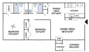 2 bedroom, 2 bath floor plan at Deerfield Apartments in Memphis, TN