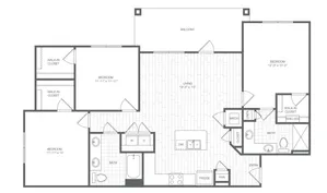 Modern floor plan with 3 spacious bedrooms, open living area, kitchen island, and expansive balcony.