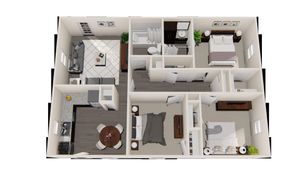 Charming 3D floor plan showcasing a spacious apartment with three cozy bedrooms, a modern open-plan kitchen, inviting living area, and two stylish bathrooms.