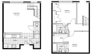 Modern two-level floor plan featuring spacious living room, well-equipped kitchen, two cozy bedrooms, and convenient bathrooms.