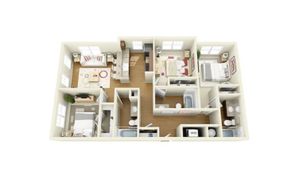Inviting 3D apartment floor plan showcasing 3 bedrooms, an open-concept kitchen and living room, and two modern bathrooms, perfect for comfortable family living.